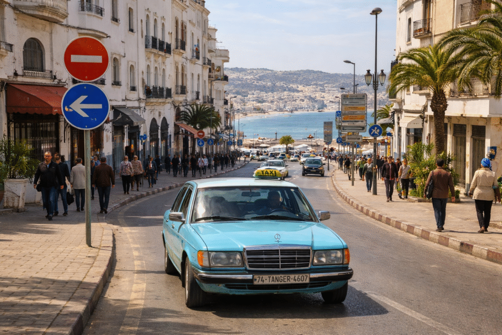 Taxi bleu typiques dans une rue de Tanger au Maroccirculant