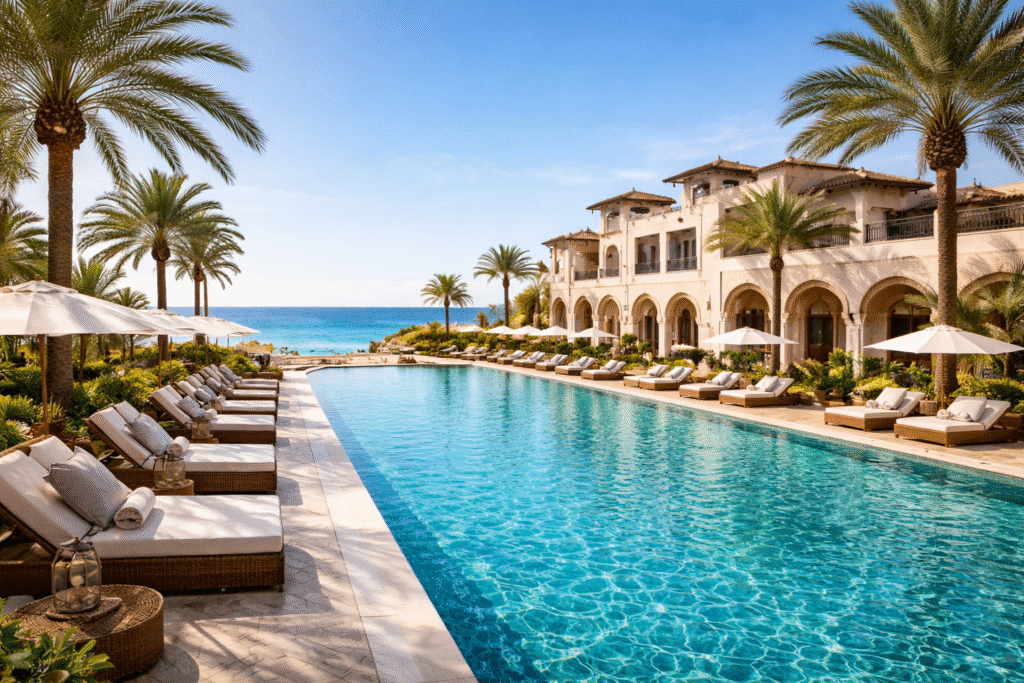 Piscine d'hotel de luxe à Tanger Maroc avec vue sur l'ocean