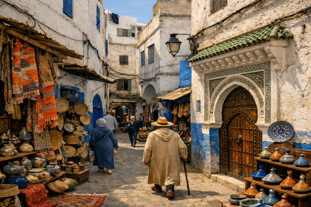 Ruelle du souk dans la medina de Tanger au Maroc avec artisans et habitants